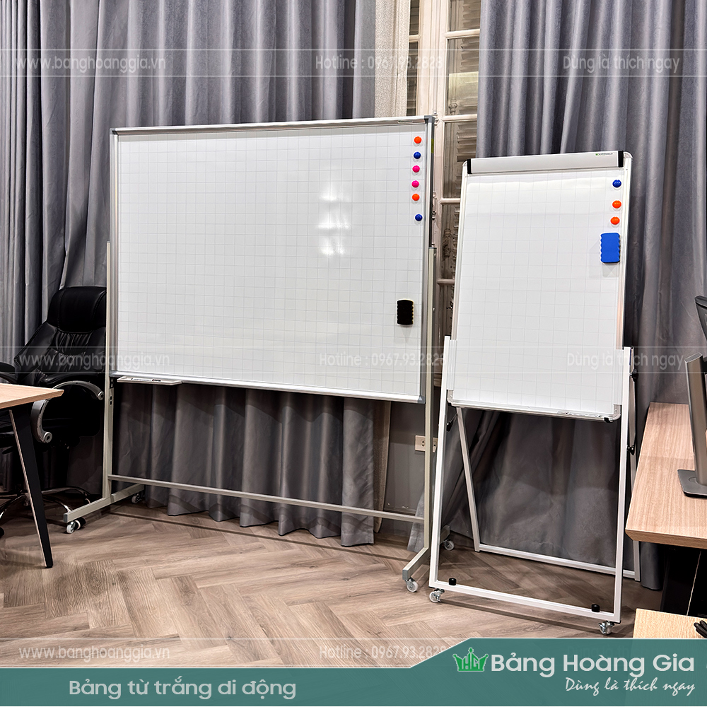 Bảng từ trắng di động có chân bánh xe, viết bút dạ và hít nam châm – Bảng Hoàng Gia
