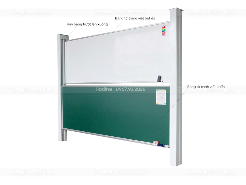 Bảng trượt dọc 2 lớp (bảng cột đôi) tăng vùng viết, trượt lên xuống êm cho lớp học giảng đường