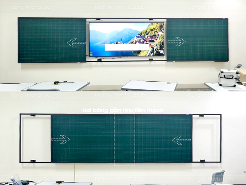 Bảng trượt ngang 2 cánh lắp TV ở giữa – cao phủ bì cả ray 1210mm, chiều dài theo TV